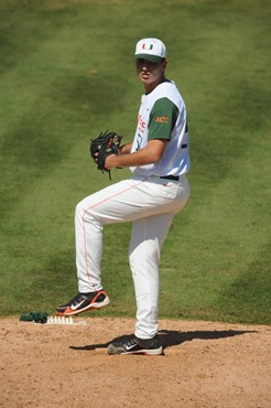 University of Miami Pitcher, Javi Salas #51, closes in a game against VirginiaTech at Alex Rodriguez Park on March 13, 2011.  Photos by Steven...