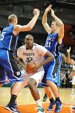 University of Miami Hurricanes center, Reggie Johnson #42 and the Canes play host to the Duke Blue Devils at the BankUnited Center on February 13,...