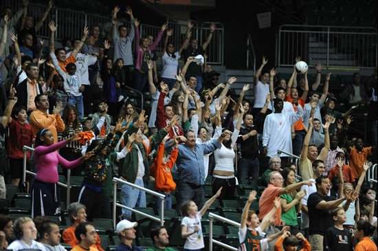 Fans cheer for The University of Miami Hurricanes as they played host to the Stetson University Hatters at the BankUnited Center on December 12, 2010....