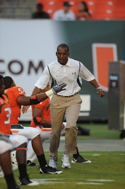 University of Miami Hurricanes head coach Randy Shannon on the sidelines in a game against the Georgia Tech Yellow Jackets at Land Shark Stadium on...