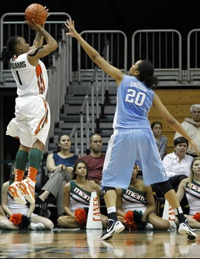 Riquna Williams shoots against North Carolina's Chay Shegog. (AP Photo/Alan Diaz)