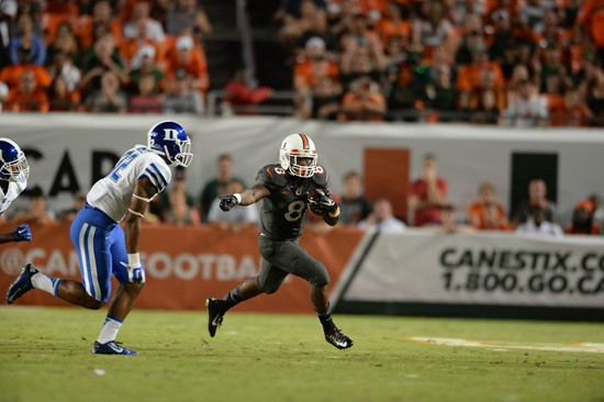 University of Miami Hurricanes running back Duke Johnson #8 plays in a game against the Duke Blue Devils at Sun Life Stadium on September 27, 2014. ...