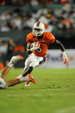 University of Miami Hurricanes running back Lamar Miller #6 ran for 188 yards in a game against the Ohio State Buckeyes at Sun Life Stadium on...
