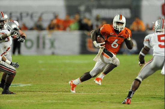 University of Miami Hurricanes running back Lamar Miller #6 ran for 188 yards in a game against the Ohio State Buckeyes at Sun Life Stadium on...