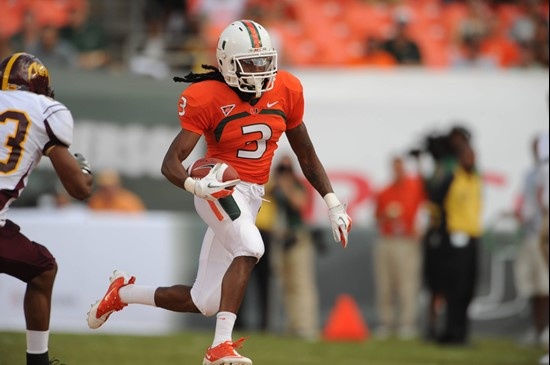 University of Miami Hurricanes wide receiver Travis Benjamin #3 plays in a game against the Bethune Cookman Wildcats at Sun Life Stadium on October 1,...