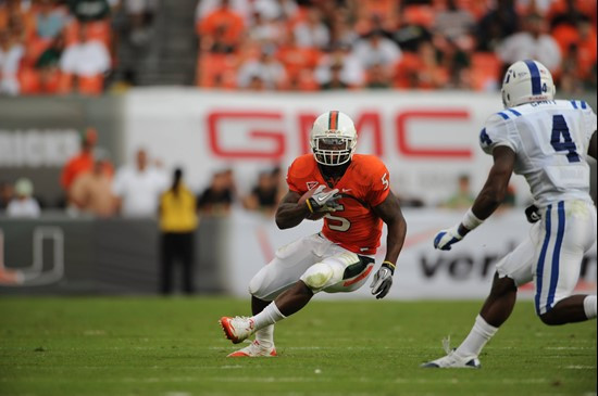 University of Miami Hurricanes running back Mike James #5 carries the ball against the Duke Blue Devils at Sun Life Stadium on November 5, 2011. ...