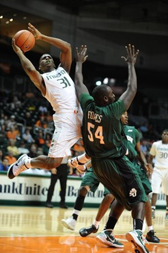 University of Miami Hurricanes guard-forward, DeQuan Jones #31, plays host to the Stetson University Hatters at the BankUnited Center on December 12,...
