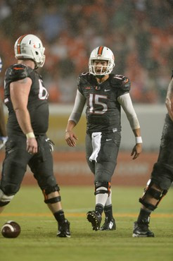 University of Miami Hurricanes quarterback Brad Kaaya #15 plays in a game against the Duke Blue Devils at Sun Life Stadium on September 27, 2014. ...