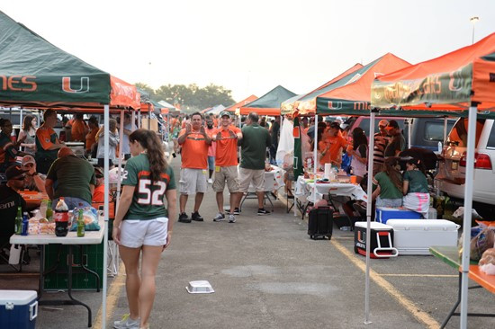 University of Miami Hurricane Fans tailgate at SunLife Stadium before a game against the Virginia Tech Hokies at Sun Life Stadium on November 9, 2013....