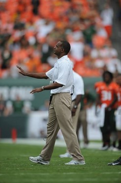 University of Miami Hurricanes head coach Randy Shannon calls in a play in a game against the Virginia Cavaliers at Land Shark Stadium on November 7,...