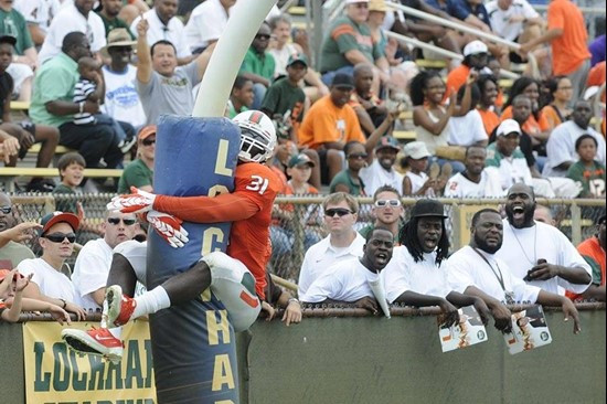 Sean Spence has some fun celebrating his TOUCHDOWN at the 2011 Miami Hurricanes Spring Football Game @ Lockhart Stadium