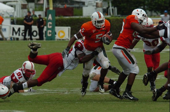 University of Miami running back Javarris James #5 rushes in a game against the North Carolina State Wolfpack at the Orange Bowl on November 3, 2007. ...