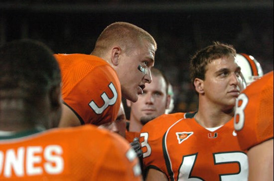 University of Miami Hurricanes quarterback Kyle Wright #3 talks to teammates after an Orange Bowl Brawl between the two teams after a Jon Peattie...