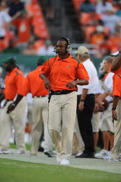 Miami Hurricanes head coach Randy Shannon on the sidelines in a game against the University of Central Florida Knights at Dolphin Stadium on October...