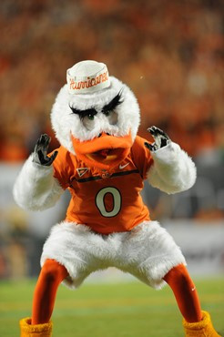 Sebastian the Ibis cheering on fans at Sun Life Stadium on September 17, 2011. Photo by Steven Murphy