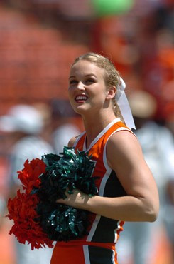 A University of Miami cheerleader entertains the crowd during a game against Marshall at the Orange Bowl on September 1, 2007. The Hurricanes beat...
