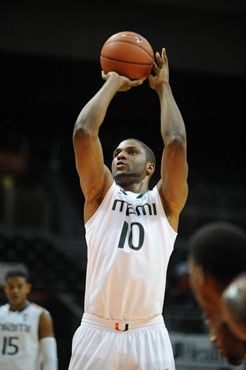 University of Miami Hurricanes forward Raphael Akpejiori #10 plays in a game against the North Carolina Central Eagles at the BankUnited Center on...