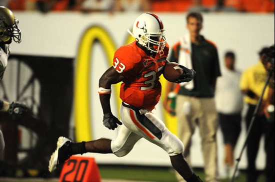 University of Miami Hurricanes running back Shawnbrey McNeal #33 rushed 5 times for 45 yards and scored 1 touchdown in a game against Charleston...