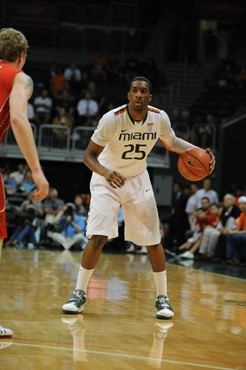 University of Miami Hurricanes guard, Garrius Adams #25, shoots a free throw against the Maryland Terrapins at the BankUnited Center on March 2, 2011....