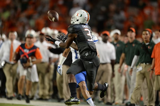 University of Miami Hurricanes wide receiver Stacy Coley #3 plays in a game against the Duke Blue Devils at Sun Life Stadium on September 27, 2014. ...