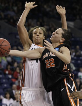 Idaho State's Ashleigh Vella (22) drives past Miami's Shawnice Wilson in the first half of an NCAA tournament first-round women's college basketball...