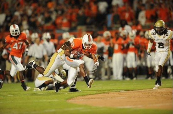 University of Miami Hurricanes wide receiver Leonard Hankerson #85 catches a pass in a game against the Georgia Tech Yellow Jackets at Land Shark...