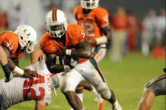 University of Miami Hurricanes running back Mike James #5 carries the ball against the Ohio State Buckeyes at Sun Life Stadium on September 17, 2011....