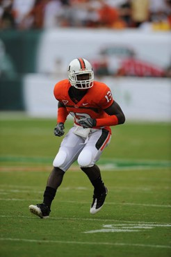 University of Miami Hurricanes defensive back Ryan Hill #13 drops into coverage in a game against the University of Central Florida Knights at Dolphin...