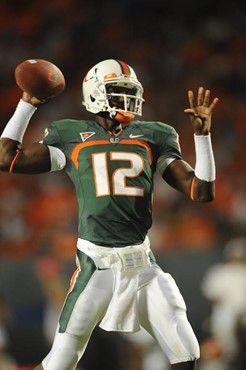 University of Miami Hurricanes quarterback Jacory Harris #12 drops back to pass in a game against the Florida A&M Rattlers at Land Shark Stadium on...