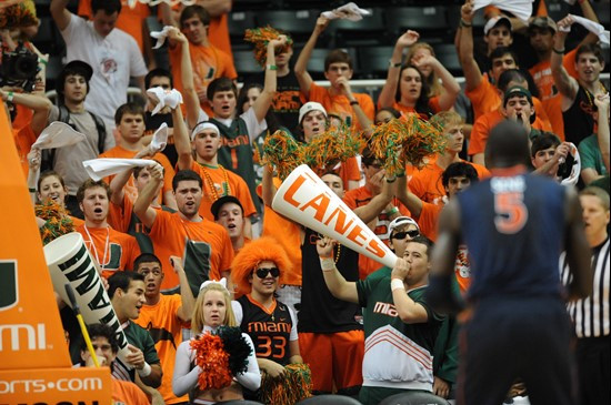 Fans cheer for The University of Miami Hurricanes as they played host to the Virginia Cavaliers at the BankUnited Center on February 5, 2011.    Photo...