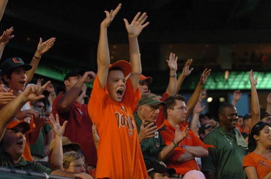 University of Miami Hurricane fans show their team spirit in a game against the University of Central Florida Knights at Dolphin Stadium on October...