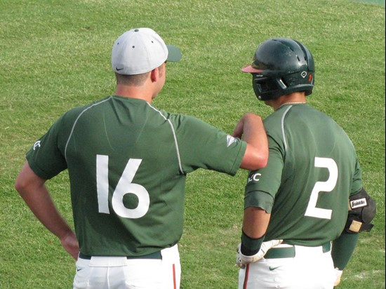 Travis Miller (R) and Scott Lawson (R) at the Orange-Green World Series on Monday.