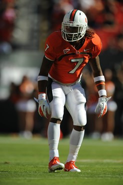 University of Miami Hurricanes defensive back Vaughn Telemaque #7 plays in a game against the Georgia Tech Yellow Jackets at Sun Life Stadium on...