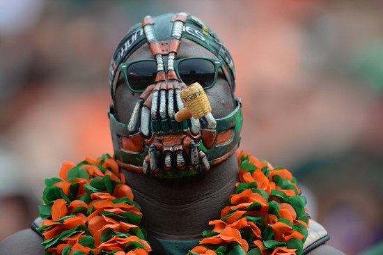 A University of Miami Hurricanes fan shows his team spirit in a game against the Arkansas State Red Wolves at Sun Life Stadium on September13, 2014. ...