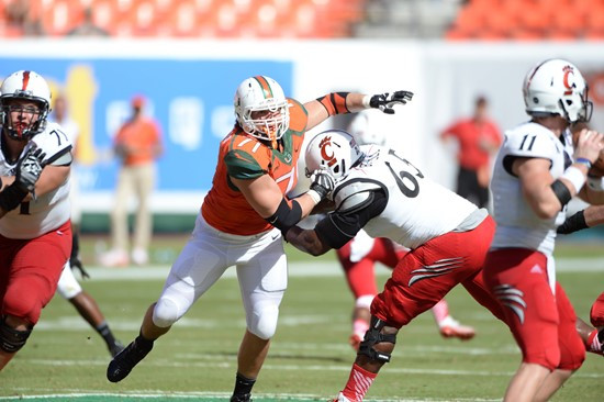 University of Miami Hurricanes defensive lineman Anthony Chickillo #71 plays in a game against the Cincinnati Bearcats at Sun Life Stadium on October...