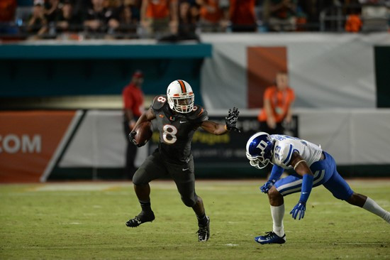 Duke Johnson #8 and the University of Miami Hurricanes play host to the Duke Blue Devils at Sun Life Stadium on September 27, 2014. Photo by Matthew...