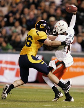California linebacker Zack Follett gets to Jacory Harris in the first half of the Emerald Bowl in San Francisco, Saturday, Dec. 27, 2008. (AP...