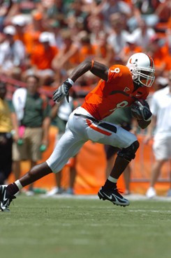 University of Miami wide receiver Lance Leggett #9 caught 4 passes for 31 yards in a game against Marshall University at the Orange Bowl on September...