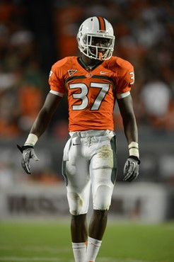 University of Miami Hurricanes defensive back Ladarius Gunter #37 plays in a game against the Florida State Seminoles at Sun Life Stadium on October...