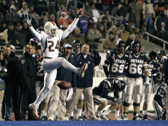 Defensive back Chavez Grant celebrates his interception in the final minute of Miami's 21-20 win over Nevada in the MPC Computers Bowl. (AP...