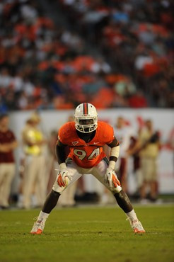 University of Miami Hurricanes linebacker Kelvin Cain #94 plays in a game against the Boston College Eagles at Sun Life Stadium on November 25, 2011. ...