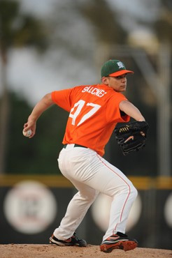 University of Miami Pitcher A.J. Salcines starts in a game against Illinois State at Alex Rodriguez Park on March 8, 2011.  Photos by Steven...