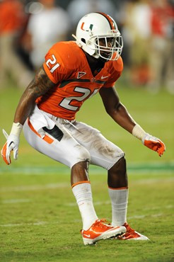University of Miami Hurricanes defensive back Brandon McGee #21 catches a ball during pregame drills in a game against the Ohio State Buckeyes at Sun...