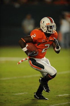University of Miami Hurricanes running back Graig Cooper #2 plays in a game against Georgia Tech Yellow Jackets at Land Shark Stadium on September 17,...