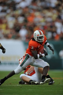 University of Miami Hurricanes running back Graig Cooper #2 carried the ball 23 times for 90 yards and caught 3 passes for 9 yards in a game against...