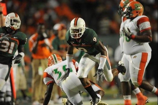 University of Miami Hurricanes Sam Shields #9 makes a tackle in a game against the Florida A&M Rattlers at Land Shark Stadium on October 10, 2009. ...
