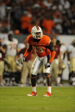 University of Miami Hurricanes defensive back Ryan Hill #13 plays in a game against the Florida State Seminoles at Sun Life Stadium on October 9,...