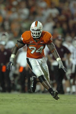 University of Miami defensive end Eric Moncur #94 rushes in a game against the Texas A&M Aggies at the Orange Bowl on September 20, 2007. The...
