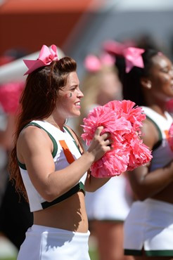 University of Miami Hurricane cheerleader?s show their team spirit in a game against the Cincinnati Bearcats at Sun Life Stadium on October 11, 2014. ...