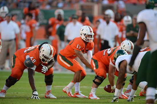 University of Miami Hurricanes quarterback Stephen Morris #17 plays in a game against the University of South Florida Bulls at Sun Life Stadium on...